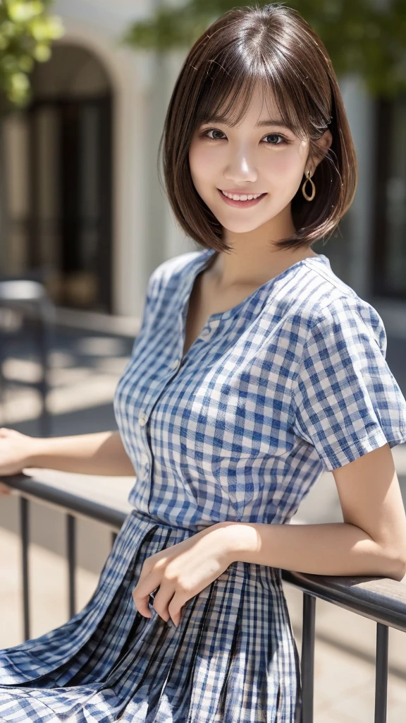 (Highest quality: 1.5), (Realistic: 1.5), (1 person: 1.5), Very detailed, High resolution, 8K,Natural color lips, Cute Smile, Japanese women, 20-year-old girl, Beautiful and elegant features, Perfect and beautiful face, Balanced big eyes, Beautiful and elegant features, Natural double eyelids, Natural Bangs, Beautiful thin nose, Beautiful Skin, Medium Bob Hair , Natural Bangs , Perfect and beautiful face, Slim face and figure, Blue summer sky, (Looking at the camera with a sweet smile), Bright lighting, Professional Lighting, Forward lighting, Beautiful feet: 1.2, Smooth Skin, Slender body, Slim waistline, slim thin thighs,  Cleavage, Detailed clothing, (Short sleeve dress shirt:1.5), (Pleated skirt:1.5), Checkered Pleated Micro Mini Skirt, Short sleeve dress shirt,  Ultra HD, Realistic, squat,sit