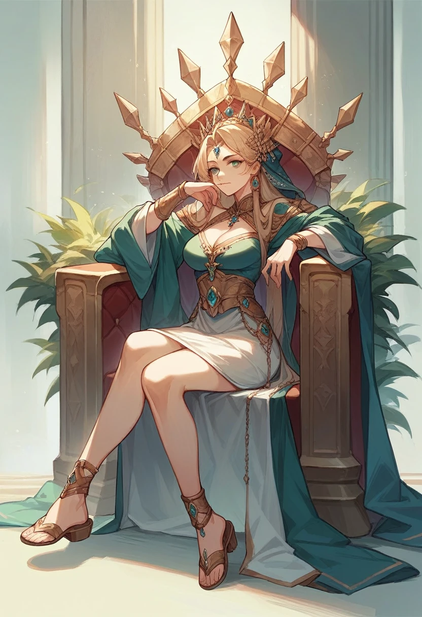 Portrait of a beautiful woman. She is the princess of the Elves. She is 2500years old. She has korean/american and asian facial features. She has long light brown hair with bangs. She has an oval face. She has light blue eyes. She is tall and slender. She has medium ass and big tits. She is wearing a revealing robe, delicately outlining the curves of her irresistibly beautiful body and a small golden tiara. She is sitting on a monumental throne with her legs crossed while facing the camera. She supports her chin with her hand. She radiates the beauty of a goddess. Her expression seems arrogant, elegant and to an extent evil. She is smirking in amusement. The scene is the definition of an aristocratic elegance. The scene takes place in an elven palace, which is full of light and flowers and seems majestic. Beautiful, hentai, masterpiece, monster girl, absurd detail, maximum detail, beautiful, sfw, sexy, correct anatomy
