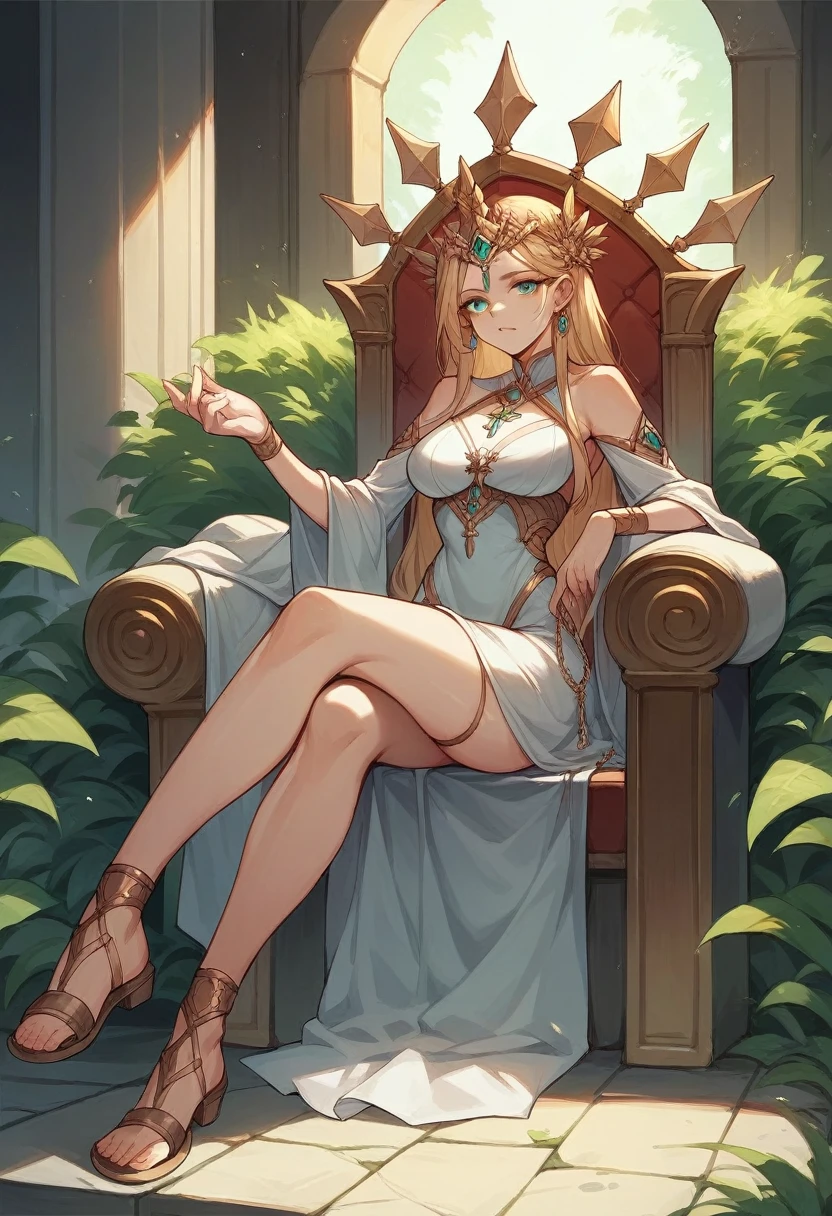 17yo girl, elf, long hair, golden hair, hime cut, J cup breast, thicc thigh, golden heels, golden pasties on pussy and tits, fishnet on thigh, golden bracelets , golden necklace, golden crown, garden scene, clear view, gorgeous, concerned face