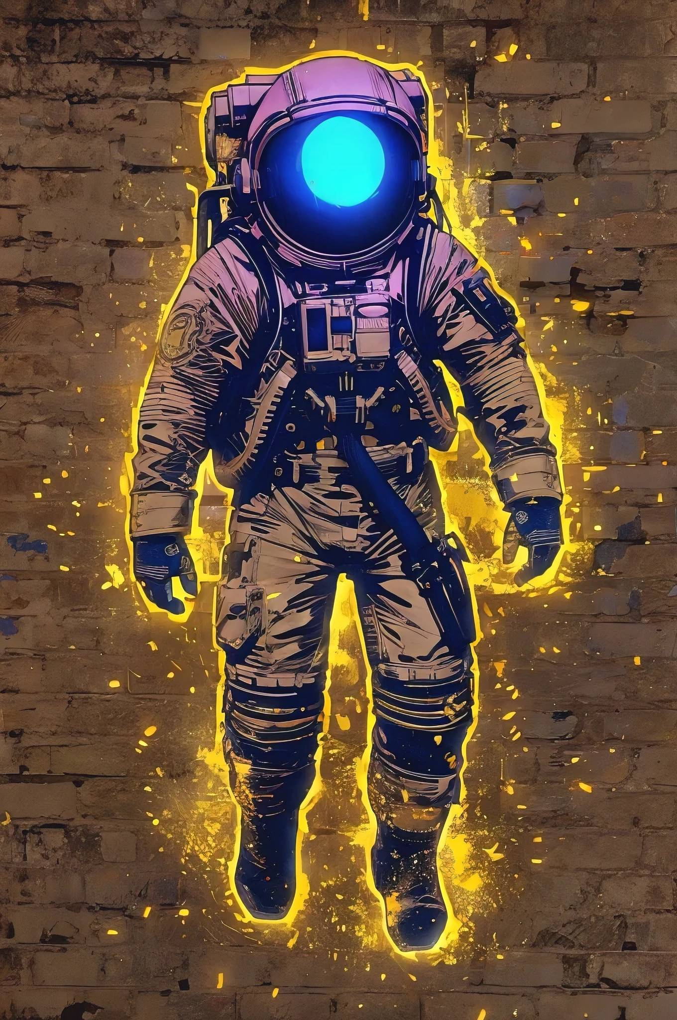 a photographic neon noir art nouveau style sci-fi scene, a brickpunk astronaut silhouette outlined in gold with cobalt blue and white, intricate details, hyperrealistic, cinematic lighting, moody atmosphere, glowing neon elements, baroque ornate details, dramatic chiaroscuro, volumetric lighting, photorealistic, 8k, best quality
