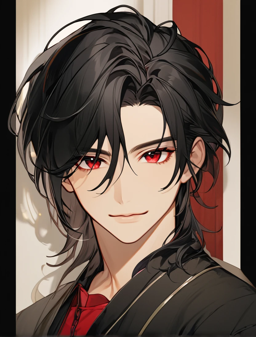 (Black_Hair), (red_ruby_eyes), (Handsome), (attractive), (male), (close_up_shot), (detailed_eyes), (detailed_hair), (clean_hair), (carefree_expression), (vertical_pupils), (peaceful_atmosphere), (majestic_jawline), 