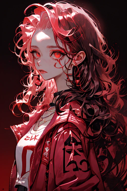 Bottom style, 1girl, Single, long hair, Looking at the viewer, Glowing eye wallpaper, jewelry, Closed mouth, happy, الJacket, Upper body, Red poetry, Earrings, Brown eyes, necklace, from side, Jacket, lip, Eyelashes, makeup, curly hair, hole, pass, liptick, ear hole, Eye shadows, hoop Earrings, pink lip, Multicolored Eyes, The topic is red, red Eye shadows, Dark background
