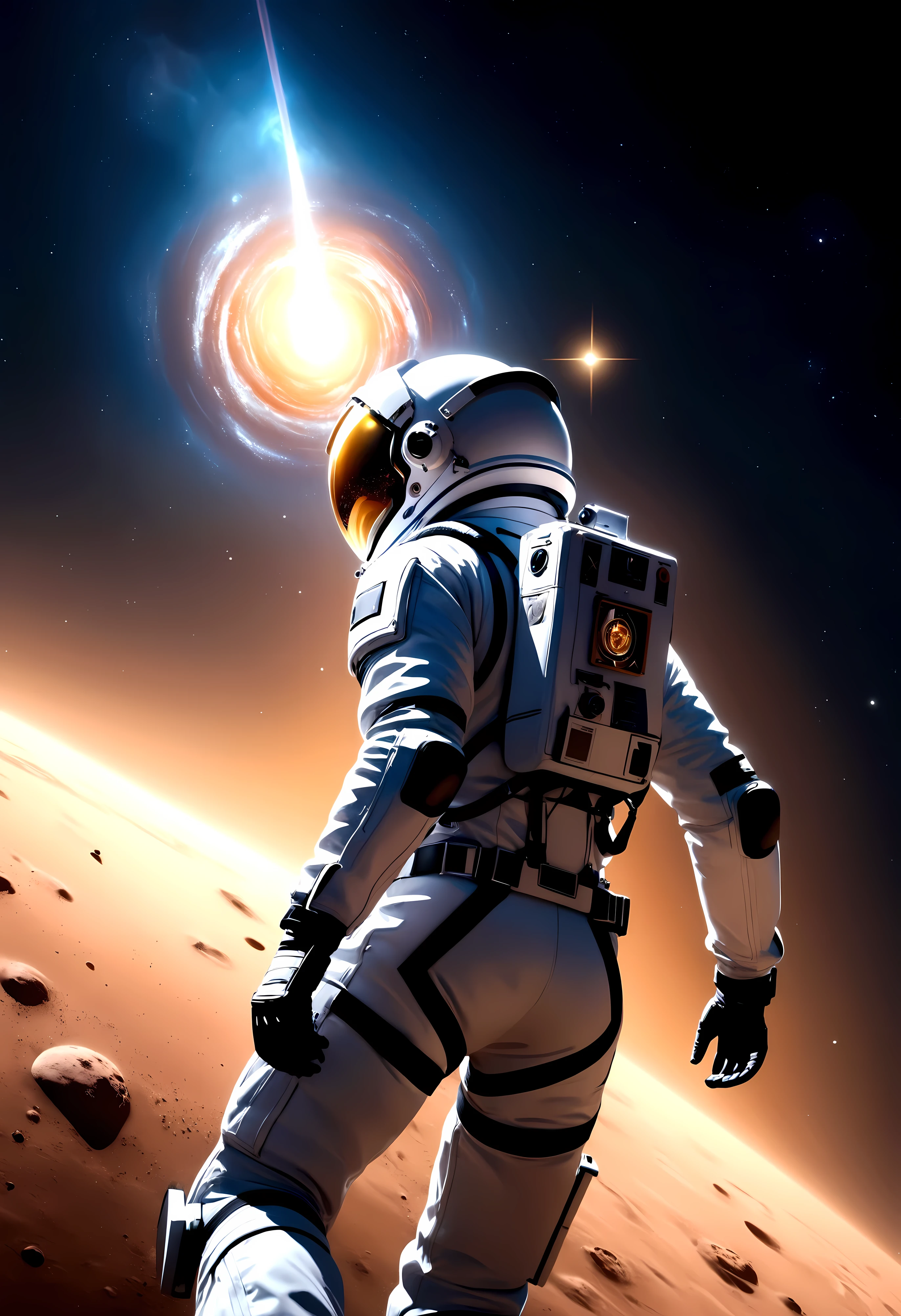 ((Masterpiece in maximum 16K resolution):1.6),((soft_color_photograpy:)1.5), ((Ultra-Detailed):1.4),((Movie-like still images and dynamic angles):1.3), ((motion blur):1.1) | (Cinematic view photo of a speeding astronaut rover), ((Female astronaut ):1.1), (alien planet), (cinematic lens), ((tyndall effect):1.1), (star light), (smoke), (astronaut rover), ((backview):1.2), (Night at alien planet), (sense of speed), (shimmer), (visual experience), (Realism), (Realistic), award-winning graphics, dark shot, film grain, extremely detailed, Digital Art, rtx, Unreal Engine, scene concept anti glare effect, All captured with sharp focus. | Rendered in ultra-high definition with UHD and retina quality, this masterpiece ensures anatomical correctness and textured skin with super detail. With a focus on high quality and accuracy, this award-winning portrayal captures every nuance in stunning 16k resolution, immersing viewers in its lifelike depiction. Avoid extreme angles or exaggerated expressions to maintain realism. | ((perfect_composition, perfect_design, perfect_layout, perfect_detail, ultra_detailed)), ((enhance_all, fix_everything)), More Detail, Enhance.
