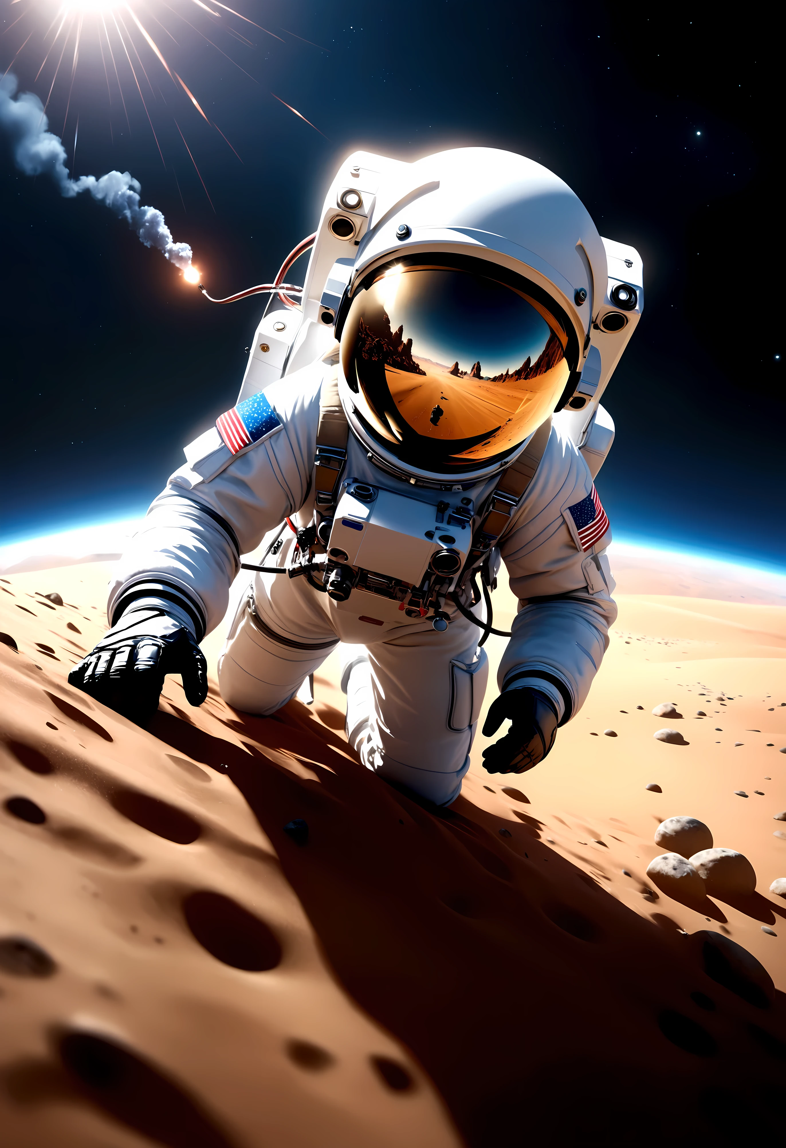 ((Masterpiece in maximum 16K resolution):1.6),((soft_color_photograpy:)1.5), ((Ultra-Detailed):1.4),((Movie-like still images and dynamic angles):1.3), ((motion blur):1.1) | (Cinematic view photo of a speeding astronaut rover), ((Female astronaut ):1.1), (alien planet), (cinematic lens), ((tyndall effect):1.1), (star light), (smoke), (astronaut rover), ((backview):1.2), (Night at alien planet), (sense of speed), (shimmer), (visual experience), (Realism), (Realistic), award-winning graphics, dark shot, film grain, extremely detailed, Digital Art, rtx, Unreal Engine, scene concept anti glare effect, All captured with sharp focus. | Rendered in ultra-high definition with UHD and retina quality, this masterpiece ensures anatomical correctness and textured skin with super detail. With a focus on high quality and accuracy, this award-winning portrayal captures every nuance in stunning 16k resolution, immersing viewers in its lifelike depiction. Avoid extreme angles or exaggerated expressions to maintain realism. | ((perfect_composition, perfect_design, perfect_layout, perfect_detail, ultra_detailed)), ((enhance_all, fix_everything)), More Detail, Enhance.
