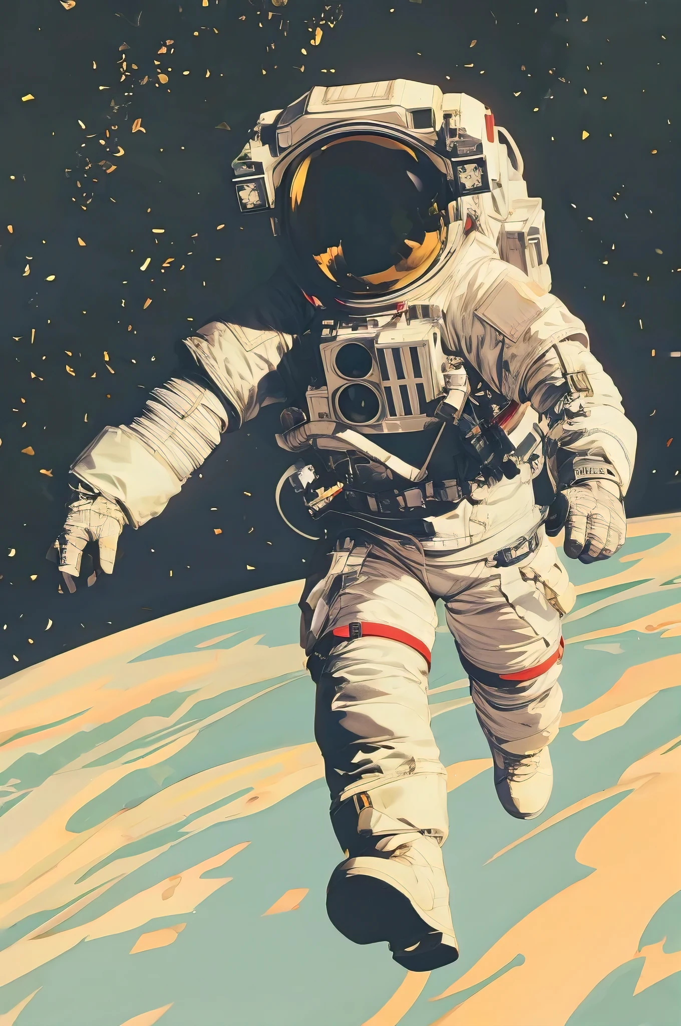 a photographic neon noir art nouveau style sci-fi scene, a brickpunk astronaut silhouette outlined in gold with cobalt blue and white, intricate details, hyperrealistic, cinematic lighting, moody atmosphere, glowing neon elements, baroque ornate details, dramatic chiaroscuro, volumetric lighting, photorealistic, 8k, best quality