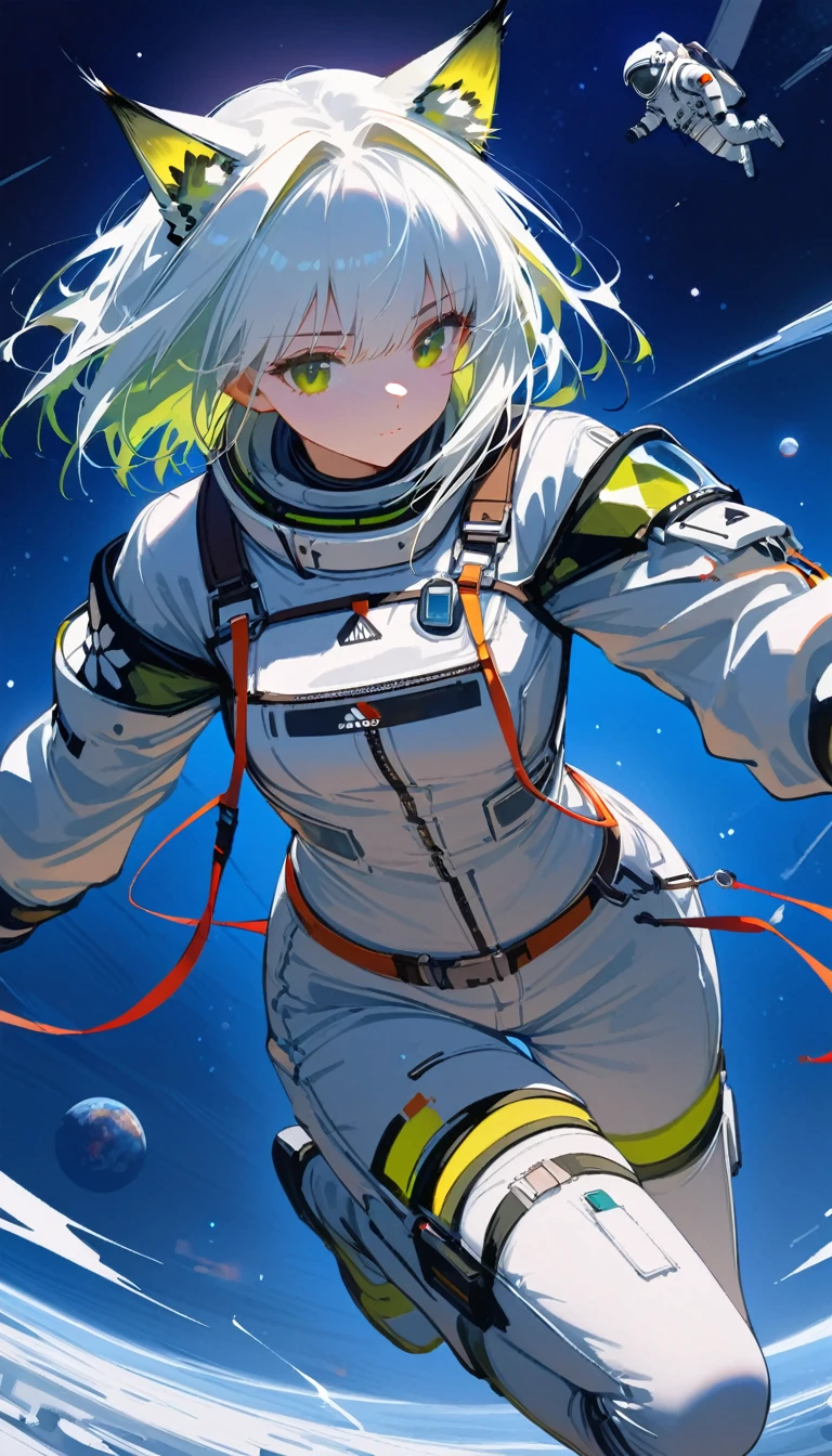 (masterpiece, best quality:1.2), 1 girl, alone, Kal'tsit(\Arknights\) spacesuit, astronaut, space, floating, blacklight