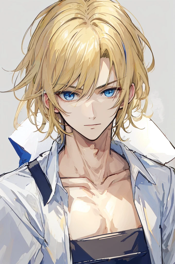 a handsome man，adult，Idol，blond，blue eyes，clavicle，Injuried，full-body shot，