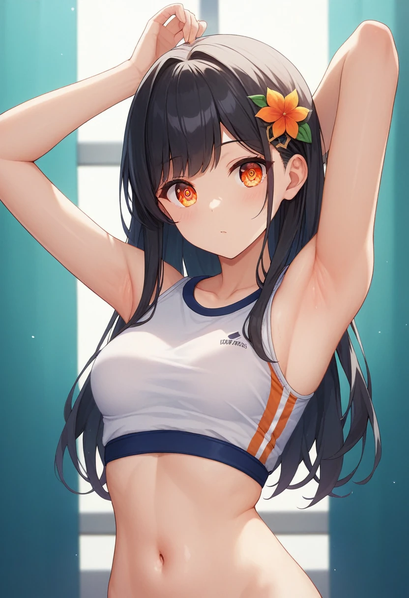 Girl, cute, adorable, (smiling:1.5), straight hair, long hair, (black hair:1.3), full breasts, standing, (right arm up behind:1.2), (shows armpit:1.2), (left arm Lower waist:1.2), Swayback stance, looking at the camera, From the front, from thighs to head, my room, daylight, Sports bra