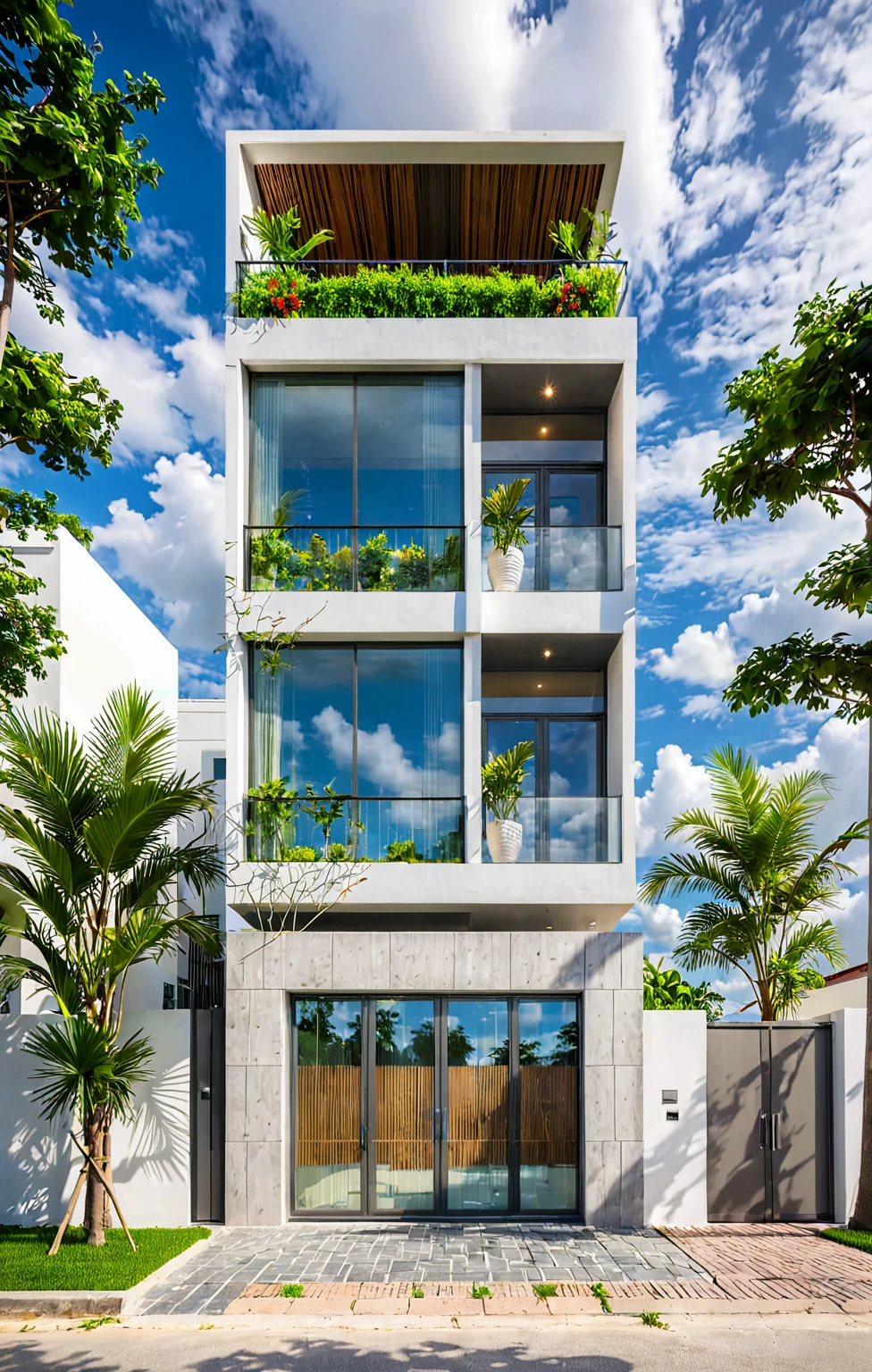 modern villa on street, (overcast lighting:1.2), tropical tree, vivid color, curve wall, streetcapes, nice sky, grey and wwhite tone, (large glass door:1.2), warm interior lighting, modern material, best quality, ultra realistic, masterpiece, 17ArchiAI_XL_VL-v1
