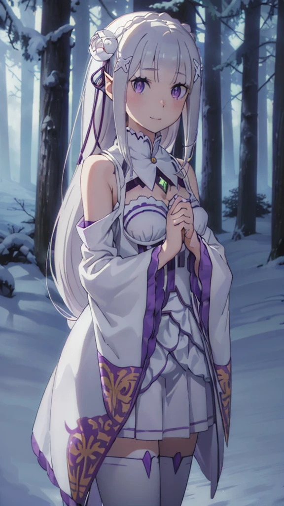 (masterpiece:1.3), (best quality:1.1), (8k, ultra detailed, ultra high res:1.2), ((anime style)), (perfect hands, perfect 5 fingers, perfect anatomy), Perspective, hand on own chest, 
1girl,
emilia, 
emilia\(re:zero\),
long hair, low-tied long hair, braid, crown braid, 
white hair, 
(purple eyes:1.2), (beatiful detailed eyes:1.2), 
pointy ears, 
flower, hair flower, hair ornament, hair ribbon, white flower, x hair ornament, 
medium breasts, 
dress, pink dress, bare shoulders, detached collar, long sleeves, shoulder cutout, wide sleeves, white sleeves, 
happy smile, 
looking at viewer, 
cowboy shot, 
standing, 
perfect light, outdoor, Forest, snow, fantastic, crystal trees, 