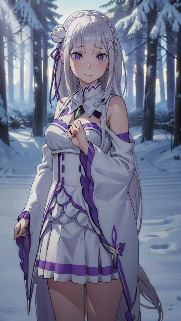 (masterpiece:1.3), (best quality:1.1), (8k, ultra detailed, ultra high res:1.2), ((anime style)), (perfect hands, perfect 5 fingers, perfect anatomy), Perspective, hand on own chest, 
1girl,
emilia, 
emilia\(re:zero\),
long hair, low-tied long hair, braid, crown braid, 
white hair, 
(purple eyes:1.2), (beatiful detailed eyes:1.2), 
pointy ears, 
flower, hair flower, hair ornament, hair ribbon, white flower, x hair ornament, 
medium breasts, 
dress, pink dress, bare shoulders, detached collar, long sleeves, shoulder cutout, wide sleeves, white sleeves, 
happy smile, 
looking at viewer, 
cowboy shot, 
standing, 
perfect light, outdoor, Forest, snow, fantastic, crystal trees, 