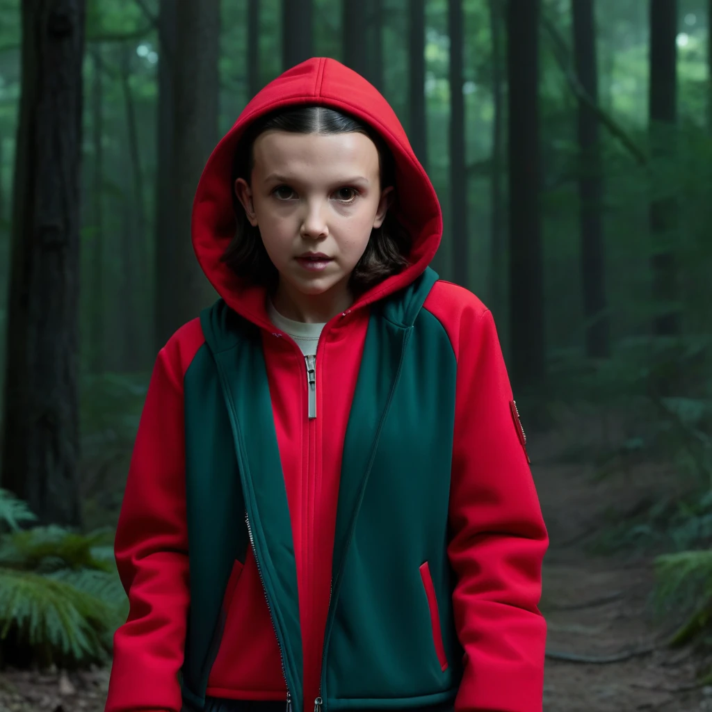 Millie Bobby Brown, mbb, wearing a red jacket and a hood in a dark forrest, horror style, stranger things, netflix, (( millie bobby brown )) , eleven