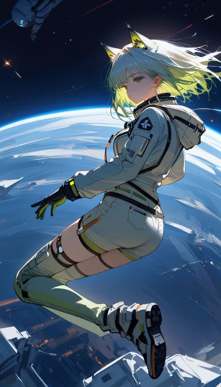 (masterpiece, best quality:1.2), 1 girl, alone, Kal'tsit(\Arknights\) spacesuit, astronaut, space, floating, blacklight