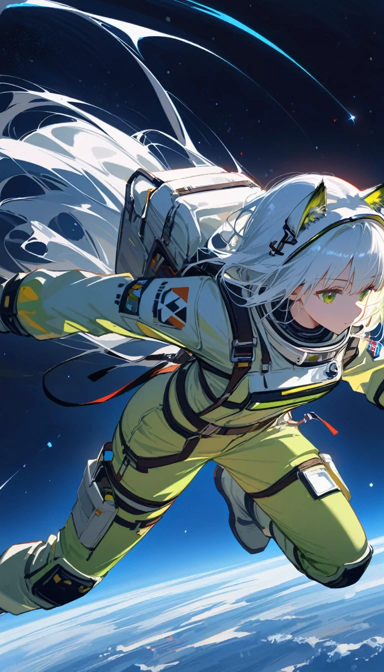 (masterpiece, best quality:1.2), 1 girl, alone, Kal'tsit(\Arknights\) spacesuit, astronaut, space, floating, blacklight