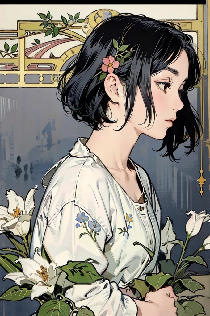 Detailed Background,Mucha style、Art Nouveau、Tarot Cards、Botanical Art,Flower Art,(Floral:1.2), (masterpiece, Highest quality),Vibrant colors,colorful, Highest quality, Amazing details, Anatomically correct, Line art, Written boundary depth,Flat Shading,Bokeh, girl, ,, profile、She has black hair。she has a wide forehead。She has no bangs。(Short Bob）。Brow wrinkles。nsfw