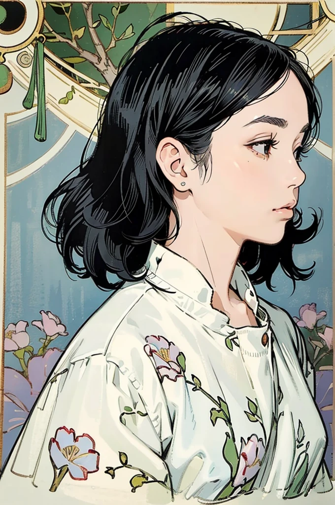 Detailed Background,Mucha style、Art Nouveau、Tarot Cards、Botanical Art,Flower Art,(Floral:1.2), (masterpiece, Highest quality),Vibrant colors,colorful, Highest quality, Amazing details, Anatomically correct, Line art, Written boundary depth,Flat Shading,Bokeh, girl, ,, profile、She has black hair。she has a wide forehead。She has no bangs。(Short Bob）。Brow wrinkles。nsfw