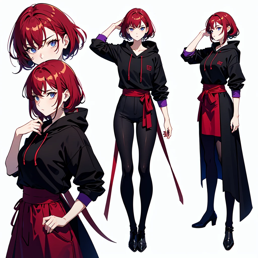 Ready your sword, Mature face,tall, Wearing black tights,Blue Eyes. Red/Blackい髪, Updo, Wearing a hoodie, He wore black trousers, whole body黒の服, The skin is hidden　and (Ink blotches:1.1), (pale:1.2),(purple:1.2),(Red/Black:1.2), I was wearing long pants,cool,Dressed in a black robe, Toned body, Wine red hair, one big woman, Nervous,Cowboy Shot, sketch (Character design sheet, same characters, whole body, Three-View, front, ~ ~ ~ side, return),(Very bright:1.1), White Background, [1 Girl:7], (Tilt your head:1.2), ([sketch|watercolor \(Moderate\)]:1.15),Chaotic Abstract Background, Vector Trace, Gradient Blending, Bright colors, that&#39;wonderful, Very detailed, Complex, (Very low contrast:1.4)