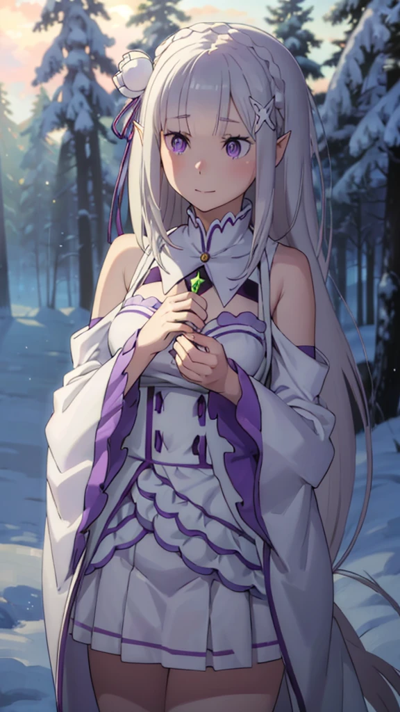 (masterpiece:1.3), (best quality:1.1), (8k, ultra detailed, ultra high res:1.2), ((anime style)), (perfect hands, perfect 5 fingers, perfect anatomy), Perspective, hand on own chest, 
1girl,
emilia, 
emilia\(re:zero\),
long hair, low-tied long hair, braid, crown braid, 
white hair, 
(purple eyes:1.2), (beatiful detailed eyes:1.2), 
pointy ears, 
flower, hair flower, hair ornament, hair ribbon, white flower, x hair ornament, 
medium breasts, 
dress, pink dress, bare shoulders, detached collar, long sleeves, shoulder cutout, wide sleeves, white sleeves, 
light smile, 
BREAK looking away, 
cowboy shot, 
perfect light, outdoor, Forest, snow, crystal trees, 