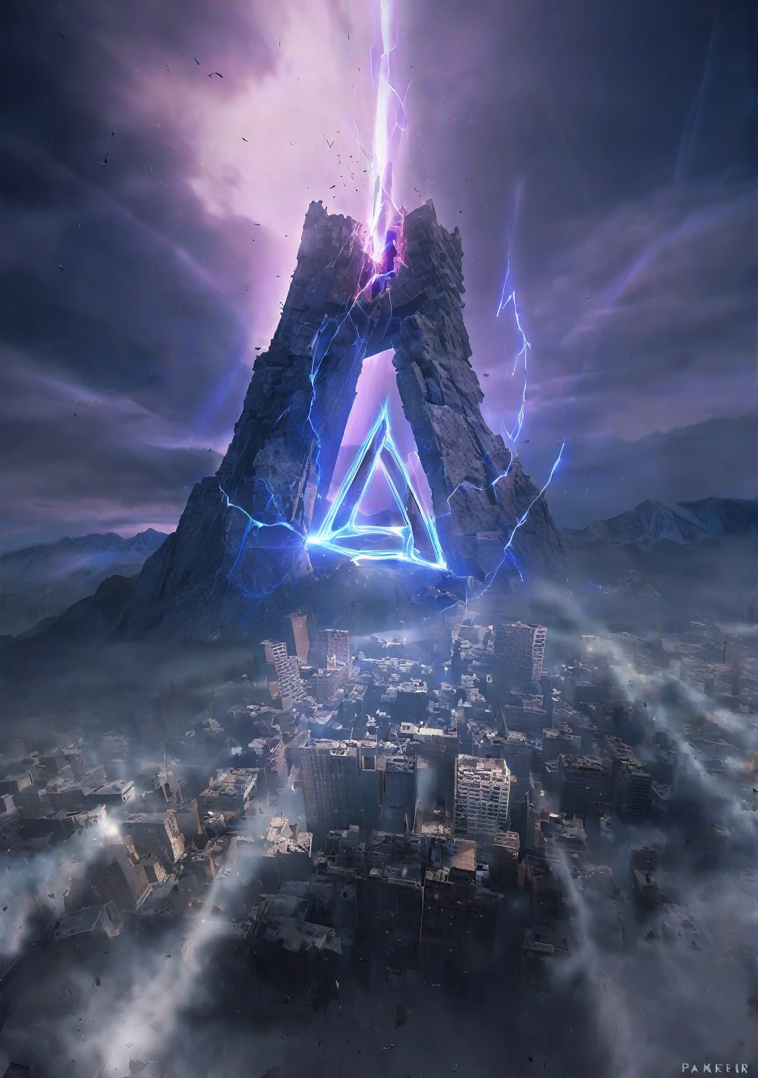 Breathtaking graphics, large scale, perspective from the ground, shooting epic footage a huge magic rune hovered over the city, Breathtaking landscapes, and impressive lighting effects, that create impressive visual experiences, mountain destruction ,((ракурс с земли)), ((девочка с черными волосами на переднем плане))