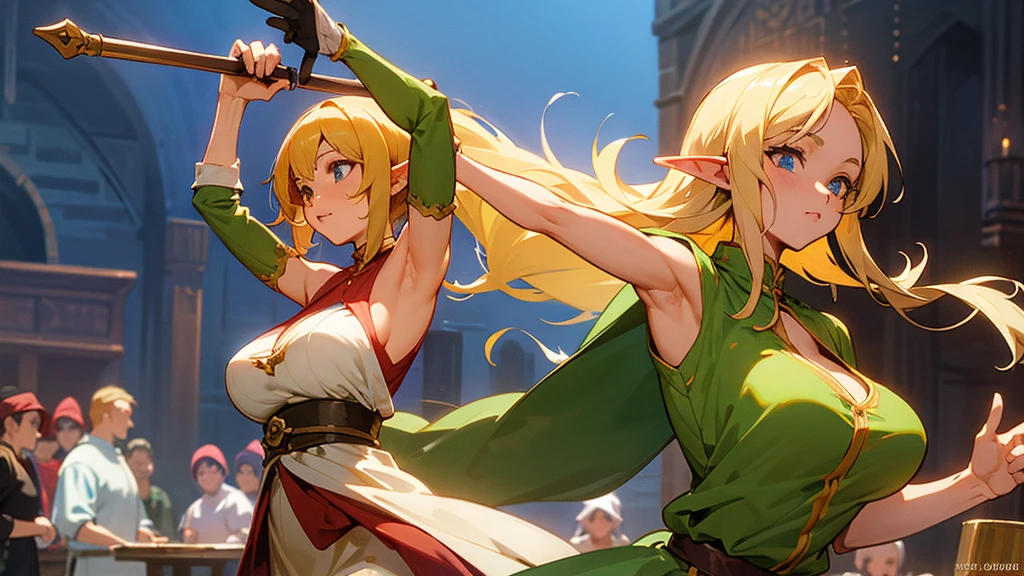 (One Elven Princess) teenaged, Daring, Cruel, blonde hair, in a fighting posture. A contemptuous face, evil face, Green clothes. Cyan eyes, a small crown on the head. in front of a forest background