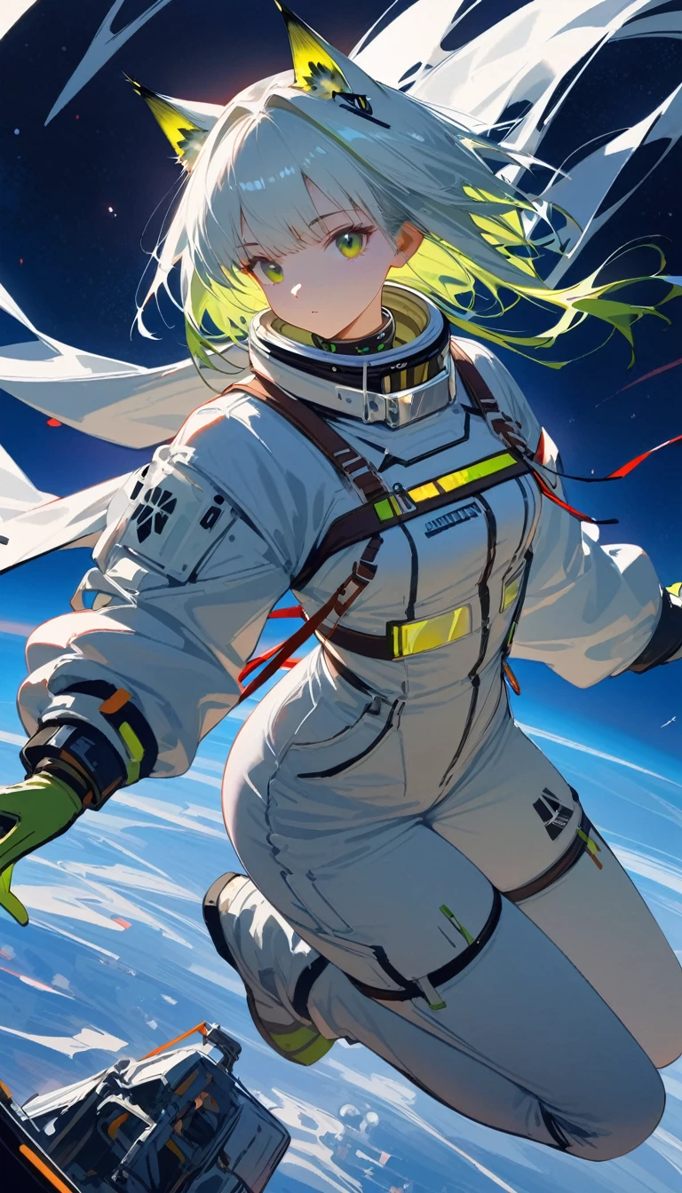 (masterpiece, best quality:1.2), 1 girl, alone, Kal'tsit(\Arknights\) spacesuit, astronaut, space, floating, blacklight