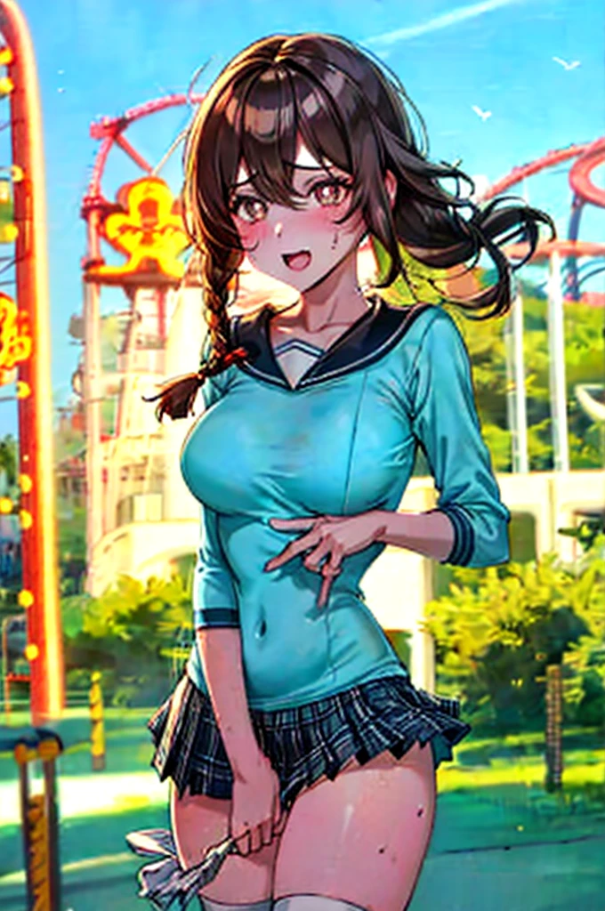 masterpiece、top-quality、1girl in、28-year-old woman、(Brown glowing eyes)、length hair、shiny_skin、Thin_waist、huge-breasted 、polka_dots_at noon_Dress、sockes、、(Pull up your skirt)、(Show panties),depth of fields、(Look at viewers)、((Bend your knees on the grass and hold your feet))、