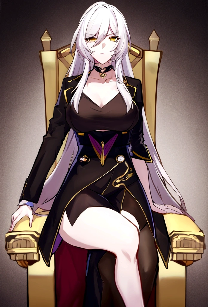 Best quality，masterpiece，a high resolution，Adult female, 1girl, Mafia member, sitting on throne, legs crossed, visible breasts apart, visible collarbone, holding cane, visible cane, lipstick, white hair, long hair, straight hair, yellow eyes, black coat, long pant, thighs, black pant, upper crop, above view,caberuel, long hair, mature female,skinny,nardack