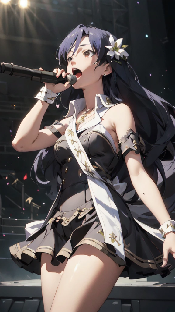 ((masterpiece)), (Highest quality), Official Art, Highly detailed CG, unity 8k wallpaper, Super detailed,
One girl, chihaya kisaragi, stage, Idol, Bare shoulders, necklace, Open your mouth,  sing, stage, Spotlight, 
whole body,Long Hair,universe
 