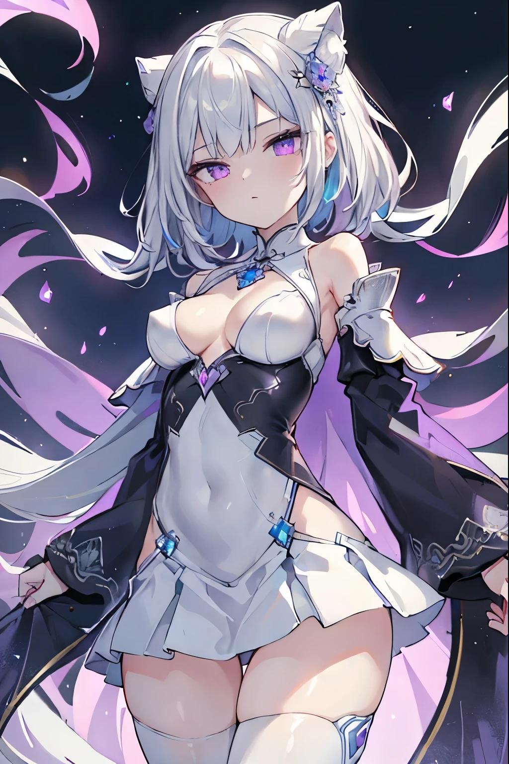 1girl, アニメ, cute girl, blank background, white background, fantasy, detailed fantasy dress with highlights, beautiful face, beautiful eyes, dark colors, black hair with multicolor streaks, red eye with different color pupil in eye, multicolor eye, medium breasts, slight cleavage, beautiful skin, cute, breast curtains, extremely delicate and beautiful, (beautiful detailed face:1.0), (detailed deep eyes), symmetrical breasts, deep eyes, shiny skin, portrait, slender waist, hips wider than shoulders, thighs, expressionless, young girl, luminous eyes, adorable，（Kpop idol）,（aegyo sal：1），（Platinum blonde hair：1），（（puffy eye）），Black panty，sexy posture，Superskirt, Ultra-high resolution，Black collar，slim figure, Abdominal y tattoo, womb tattoo，Tight-fitting leg ring，y tattoo on half-body，Bare skin, Armored hand，Hidden fingertips，Hand covered，Arm covered，Fist covered,{{beautiful detailed fingers}}, tufts of hair, moderate beautiful breast:1.0,(masterpiece:1.2), best quality, high-res, HDR, perfect face, intricate armor, delicate blue filigree, intricate filigree, red metalic parts, detailed part, dynamic pose, dynamic lights, cute face, neutral expression, shuimobysim, lotus, Hanfu, maxi skirt, dress conservatively 1girl, 独奏, long blue hair, standing, One lady,14years,((White hair) ,(Shiny purple bodysuit with microskirt),((Fantasy, Moon Night)), gradient_eyes,