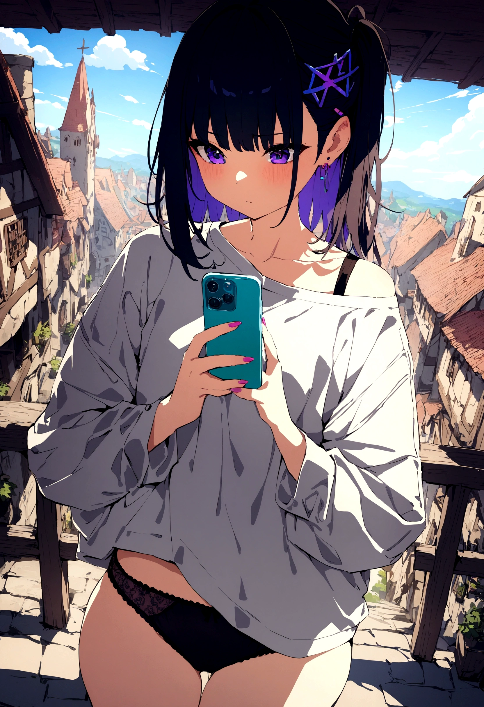 masterpiece, Highest quality, Highest quality, masterpiece, High resolution、concentrated、A girl playing with her smartphone, her  visible、Medieval town、cyber punk、中世とcyber punkのミックス