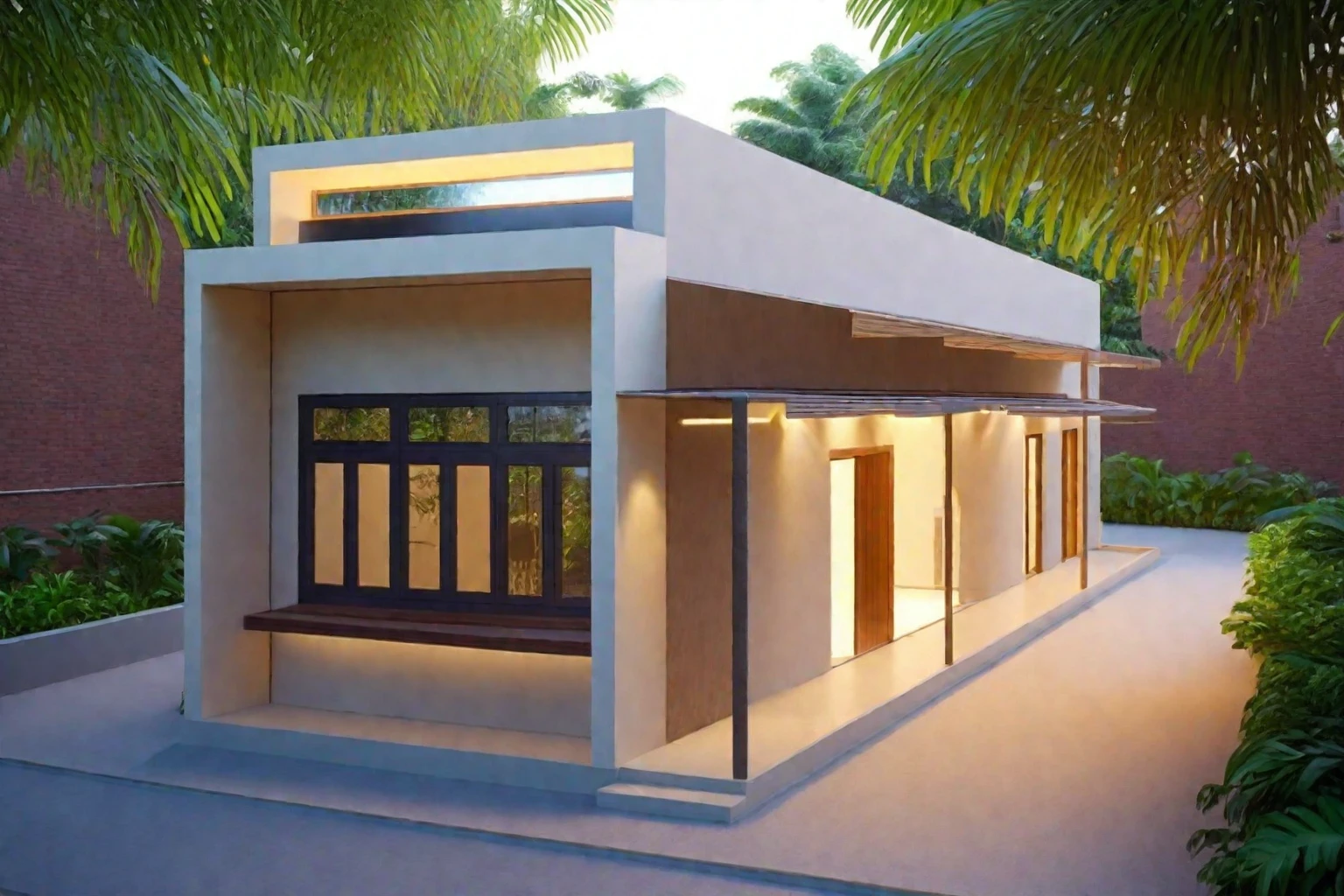 A modern minimalist house on street, street view, brick walls,  large glass windows, soft natural lighting,  interplay of light and shadows, tropical trees and plants, daytime, clear sky, 