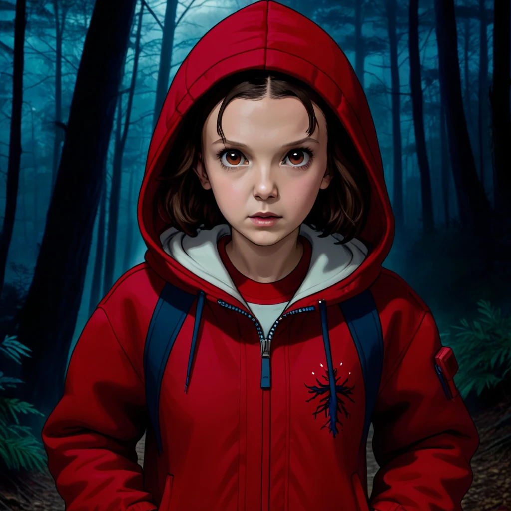 front view, milli3 woman, Millie Bobby Brown, mbb, wearing a red jacket and a hood in a dark forrest, horror style, stranger things, netflix, (( millie bobby brown )) , eleven