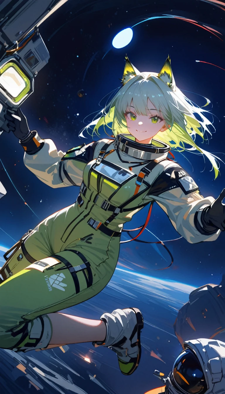 (masterpiece, best quality:1.2), 1 girl, alone, Kal'tsit(\Arknights\) spacesuit, astronaut, space, floating, blacklight