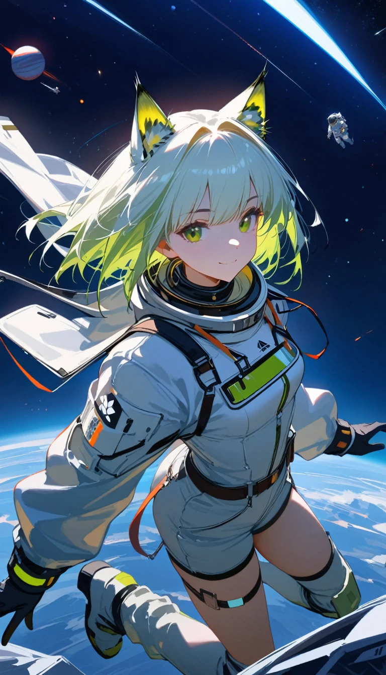 (masterpiece, best quality:1.2), 1 girl, alone, Kal'tsit(\Arknights\) spacesuit, astronaut, space, floating, blacklight