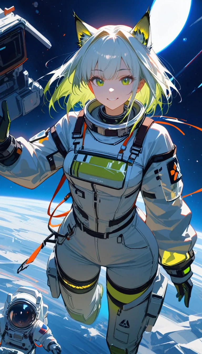 (masterpiece, best quality:1.2), 1 girl, alone, Kal'tsit(\Arknights\) spacesuit, astronaut, space, floating, blacklight