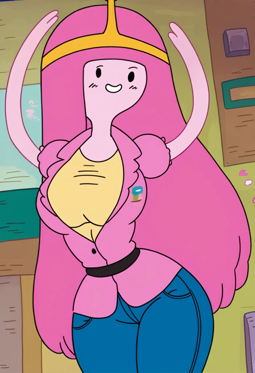 Time Adventure, Princess bubblegum, 1woman, tight breasts:1.1, Broad Hips:1.1,ful dressed rosa, ful dressed, huge breasts1.1, Waist slender:1.1, squatting down, holding a hyper dildo, creampie, public