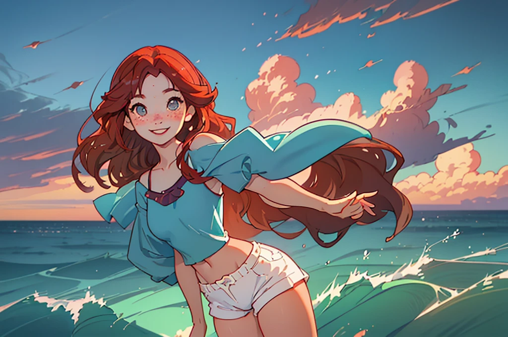 (best quality, masterpiece), 1girl, upper body, paw pose, smile, laughing, happy, ocean, (breast, nipple), pantie, orange nuance hair, freckles, blush, looking at viewer, wavy hair, short red hair, cloud, splashing, waves, sun, mountain, wet