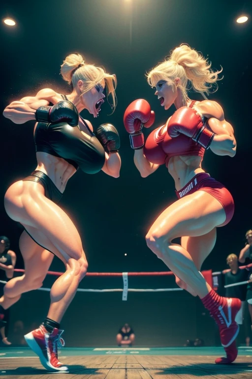 Best Quality, Masterpiece, super high resolution, bimbo, huge breasts, very thick legs , hillo thong, A fierce exchange of blows between two beautiful blonde women, mistreated female MMA fighters, Powerful kicks and punches hit the body. Exchanging blows inside the octagon。desperate rivalry。sweaty。full of scars。Difficulty breathing with the mouth open.。Excellent proportional body。boxing gloves, whole body, dynamic pose, makeup, cheek bulge, (realism:1.5)