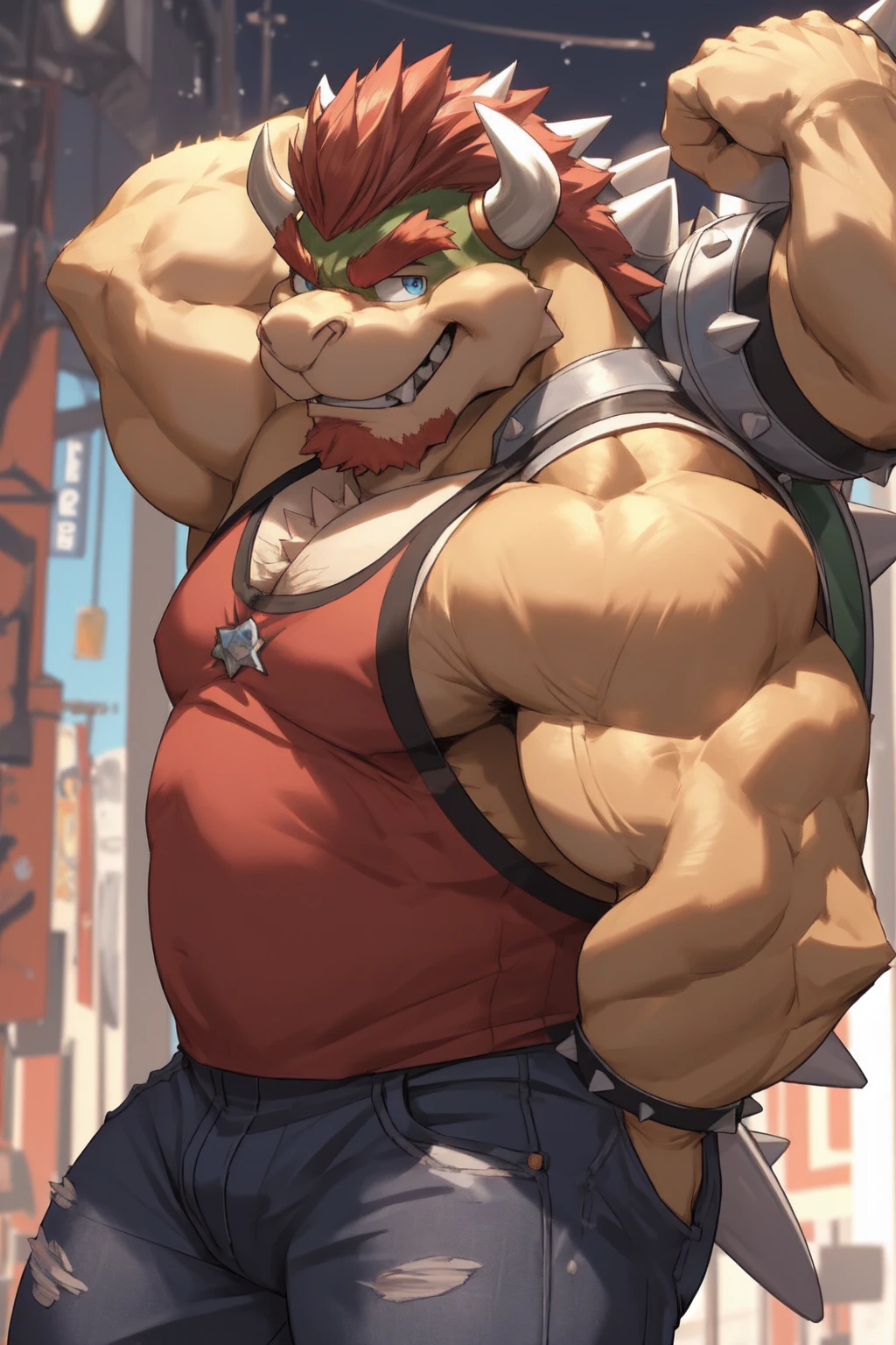 Bowser, male, buff, red mullet hairdo, red hairy armpits, flexing arm muscles, red hairy chest, wearing a black sleeveless tank top, wearing blue color jeans, blue eyes, happy, hd 8k