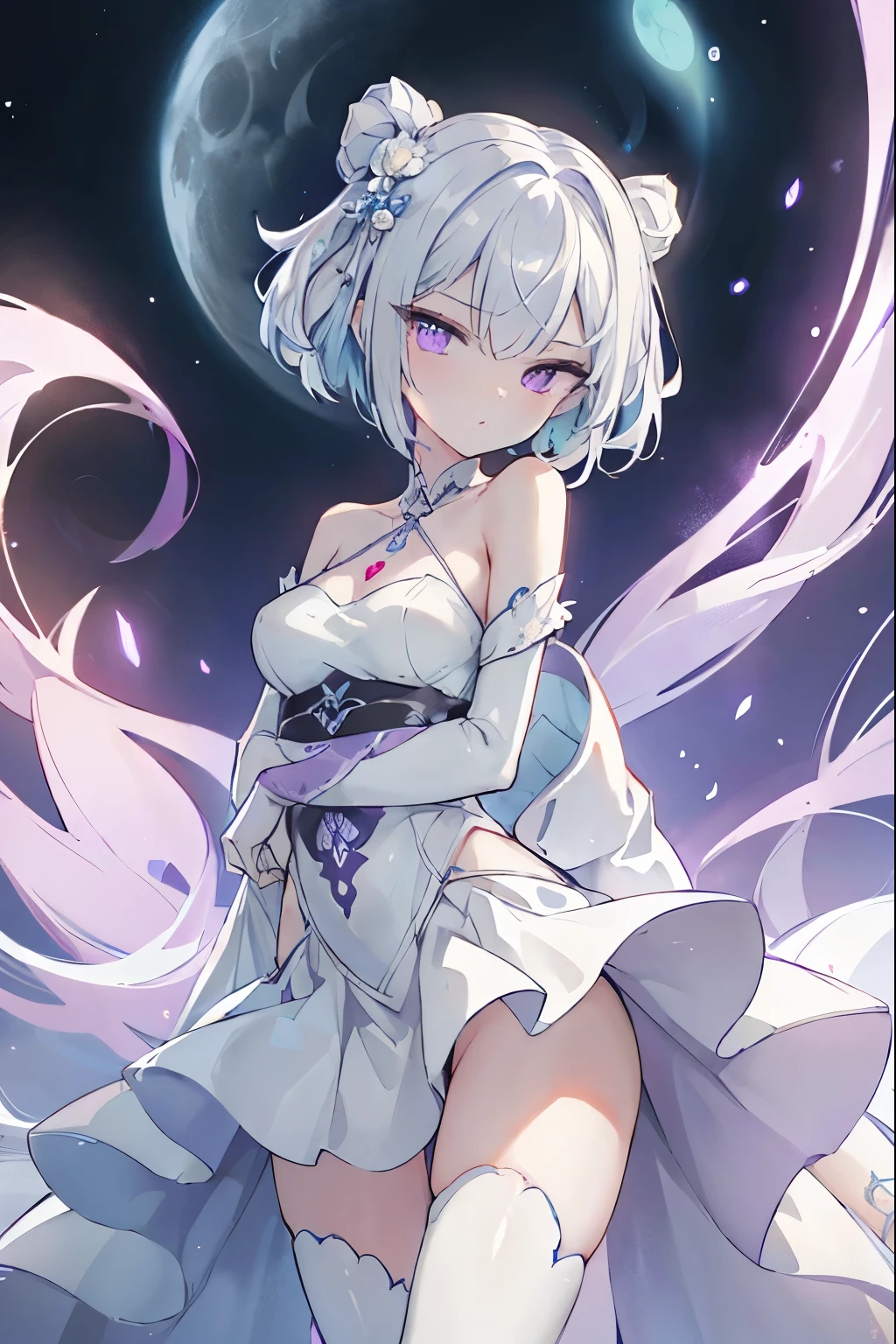 1girl, アニメ, cute girl, blank background, white background, fantasy, detailed fantasy dress with highlights, beautiful face, beautiful eyes, dark colors, black hair with multicolor streaks, red eye with different color pupil in eye, multicolor eye, medium breasts, slight cleavage, beautiful skin, cute, breast curtains, extremely delicate and beautiful, (beautiful detailed face:1.0), (detailed deep eyes), symmetrical breasts, deep eyes, shiny skin, portrait, slender waist, hips wider than shoulders, thighs, expressionless, young girl, luminous eyes, adorable，（Kpop idol）,（aegyo sal：1），（Platinum blonde hair：1），（（puffy eye）），Black panty，sexy posture，Superskirt, Ultra-high resolution，Black collar，slim figure, Abdominal y tattoo, womb tattoo，Tight-fitting leg ring，y tattoo on half-body，Bare skin, Armored hand，Hidden fingertips，Hand covered，Arm covered，Fist covered,{{beautiful detailed fingers}}, tufts of hair, moderate beautiful breast:1.0,(masterpiece:1.2), best quality, high-res, HDR, perfect face, intricate armor, delicate blue filigree, intricate filigree, red metalic parts, detailed part, dynamic pose, dynamic lights, cute face, neutral expression, shuimobysim, lotus, Hanfu, maxi skirt, dress conservatively 1girl, 独奏, long blue hair, standing, One lady,14years,((White hair) ,(Shiny purple bodysuit with microskirt),((Fantasy, Moon Night)), gradient_eyes,