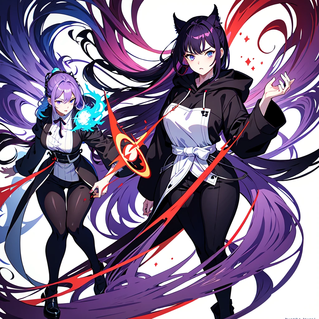 anime characters with purple hair and black hoodies, next to each other, gamoe yandere grimdark, 2d anime style, anime in fantasy style, official fanart, puce and vermilion, Fan art of jogo 2D, A little red and purple, 2d art, 2d art, not anime style, gamoe yandere, 2 d anime, zerochan art