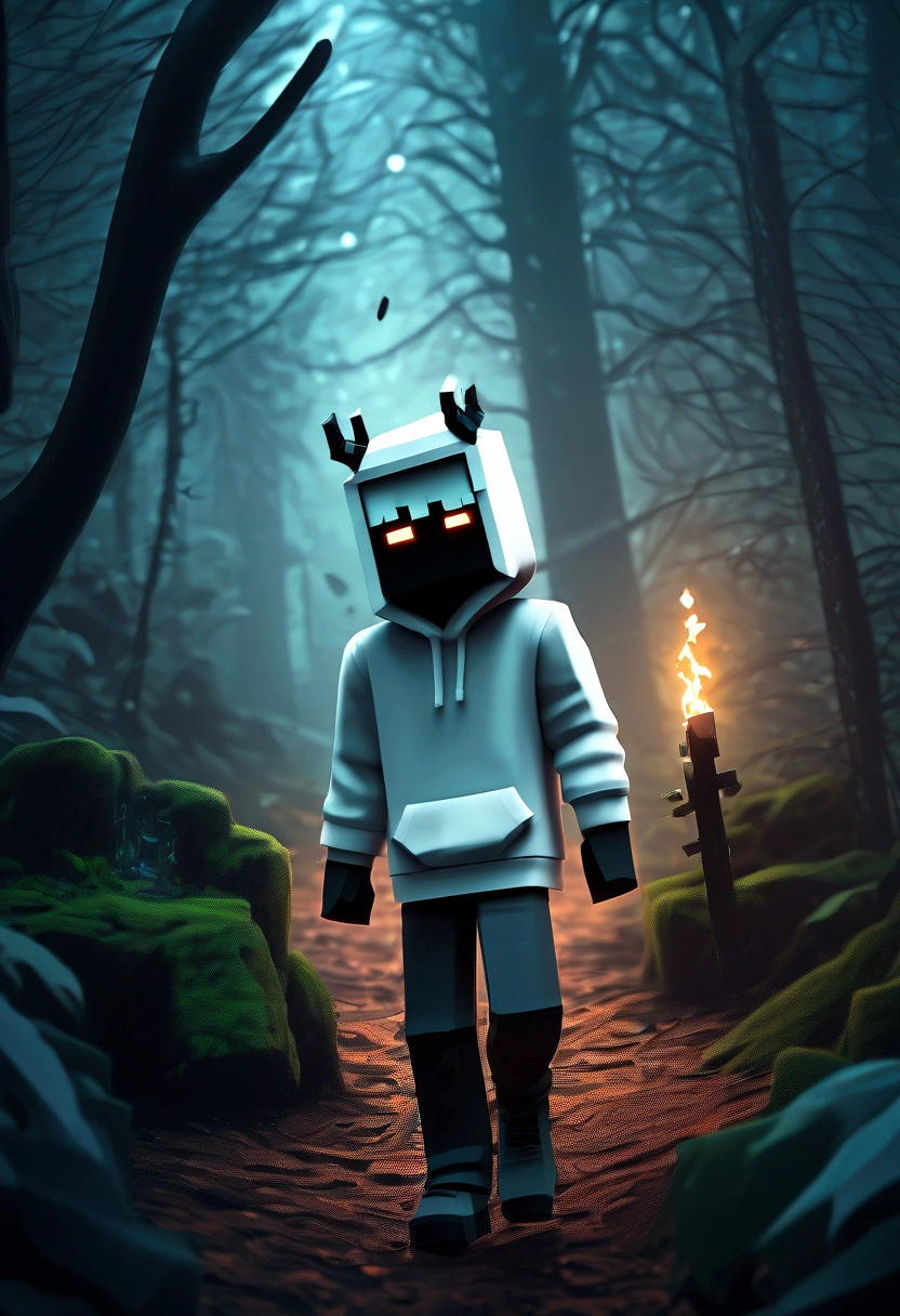 minecraft character, DanTDM skin, walking through a forest, midnight Boy, white, with gray hair, wearing a white hoodie and black demon horns,