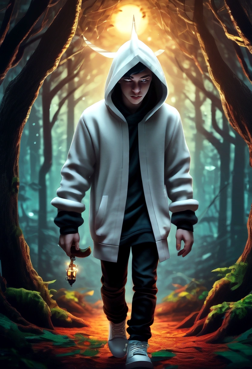 minecraft character, DanTDM skin, walking through a forest, midnight Boy, white, with gray hair, wearing a white hoodie and black demon horns,