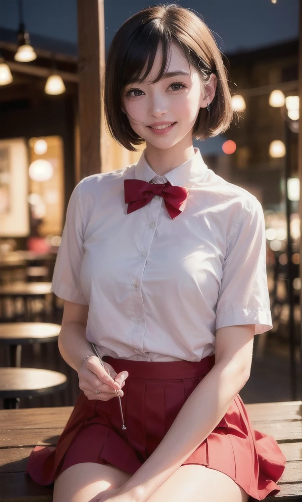 (8K, RAW photo, Best Quality, Masterpiece: 1.2), (Realistic, Photorealistic: 1.37), Ultra HD, 1 girl, Cute, Solo, Beautiful sky, Detailed cafe, Night, Sitting, date, (nose lip), (smile: 1.1), (closed), medium breasts, beautiful eyes, (collared shirt: 1.1), bow tie, pleated skirt, (short hair: 1.2), floating hair