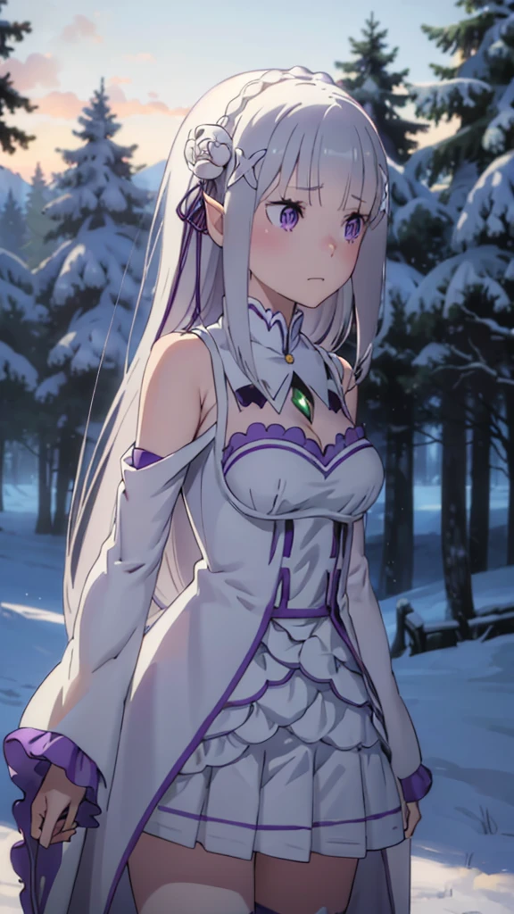 (masterpiece:1.3), (best quality:1.1), (8k, ultra detailed, ultra high res:1.2), ((anime style)), (perfect hands, perfect 5 fingers, perfect anatomy), arms behind back, upside-down face, 
1girl,
emilia, 
emilia\(re:zero\),
long hair, low-tied long hair, braid, crown braid, 
white hair, 
(purple eyes:1.2), (beatiful detailed eyes:1.2), 
pointy ears, 
flower, hair flower, hair ornament, hair ribbon, white flower, x hair ornament, 
medium breasts, 
dress, pink dress, bare shoulders, detached collar, long sleeves, shoulder cutout, wide sleeves, white sleeves, 
(sad:1.2), 
BREAK looking away, 
cowboy shot, 
perfect light, outdoor, Forest, snow, crystal trees, 