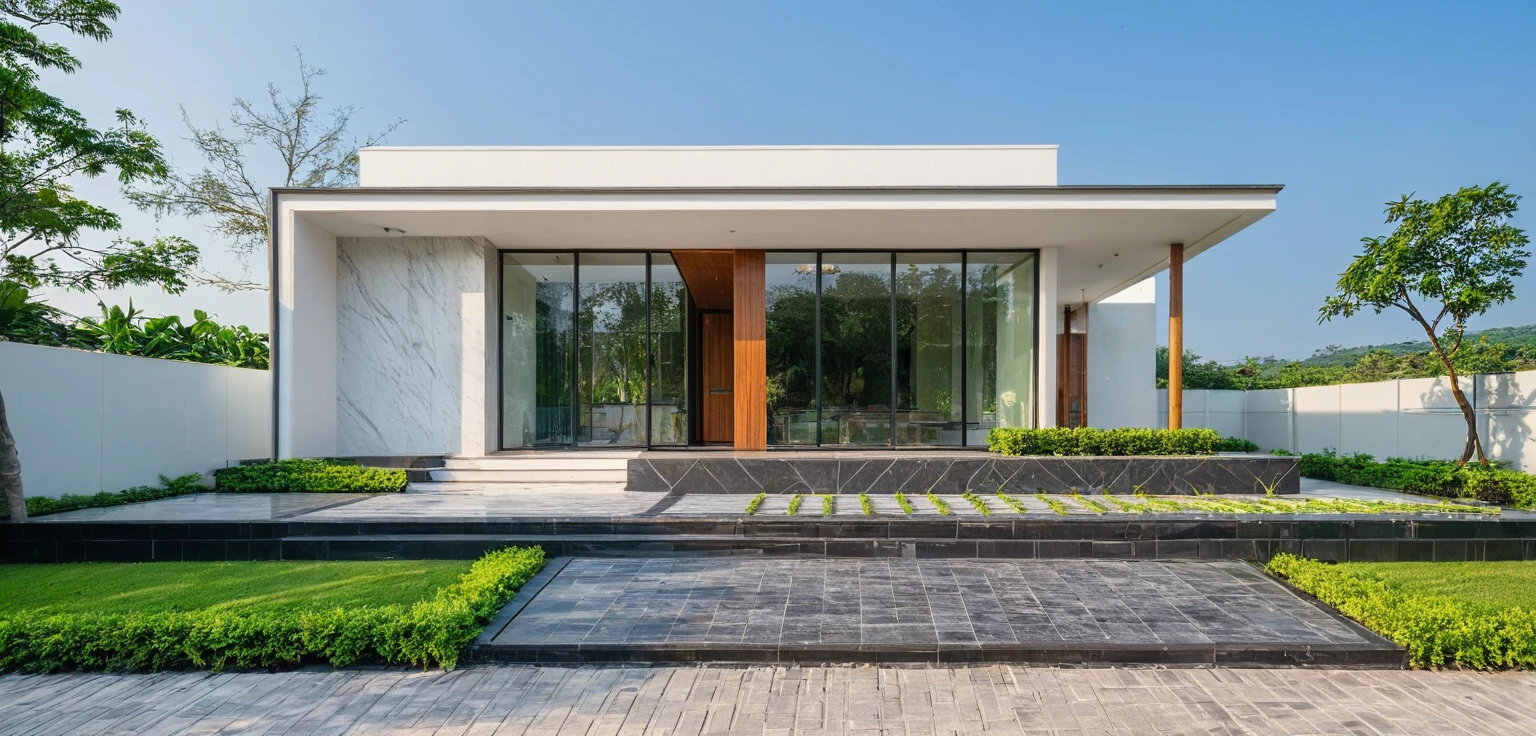 masterpiece, best quality, exterior design, single 1 storie modern house on the Vietnam village, modern dark tiled granite and white walls facade, wooden ceiling, large glass, minimalist modern style, green shrubs and tropical tree background, natural light, clear sky morning background, large door and windows,