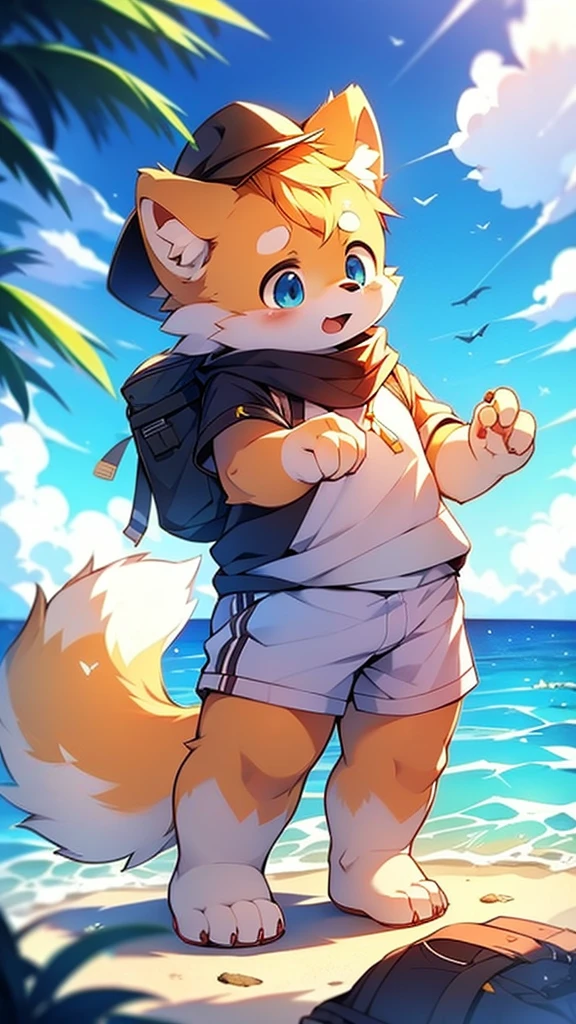 Red Panda Boy,School,student,(Cute characteristics of hoodies) Ultra-fine,Exact details,4K ultra-vivid,Cute Face,Fluffy fur,Furry,Water Play,swimming,Ocean,Cute art style in anime,Pixiv Contest Winners,(Cheerful teenager,15 years old:1.3)sunset,single,alone,Red collar