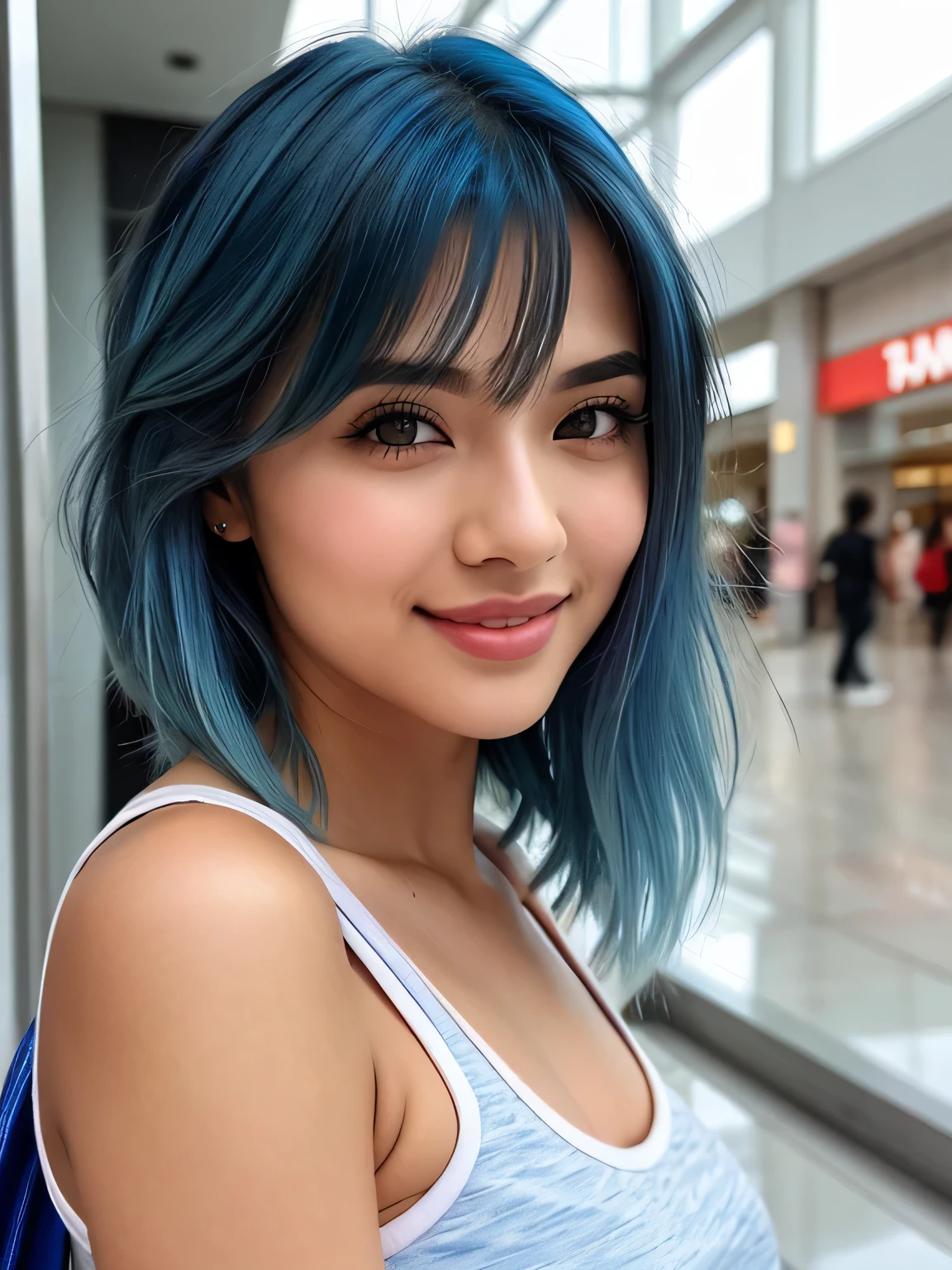(blue hair:1.4), short hair, realistic green eyes, cobalt hair, long bob hair, tousled hair, shoulder length hair, Full body, woman with white skin and Asian features, 24 year old, big breast. She has a small, elegant nose with a slight upward curve at the tip. Her lips are full and naturally pink, with a well-defined Cupid's bow. Her teeth are straight and white, enhancing her captivating smile. Her face has an oval shape with high cheekbones that add to her model-like appearance. (crack), detailed (texture!, shine, color!!, flaws: 1.1), highly detailed glowing eyes, (looking at camera), specular light, dslr, extreme quality, crystal clear, cute face, detailed skin pores, oil Dark skin, brown, complex eye details, she is far from the camera, A full-body portrait, captured from a distance. Dynamic Frame, 8K, Curvy woman, adult, ???? star, bright makeup, sexy bikini, posing on the ocean, splashing in the water, eye contact, looking at the viewer, masterpiece, best quality, perfect detail, perfect face detail, perfect eye detail, perfect skin detail, depth of field, perfect lighting, (short hair:1.3)