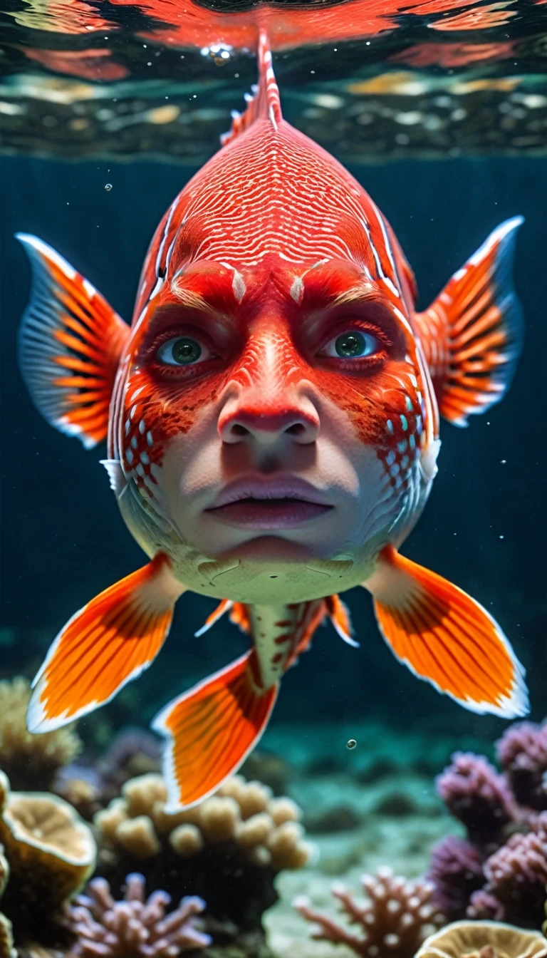 Human face merged with fish body,The color is consistent with red