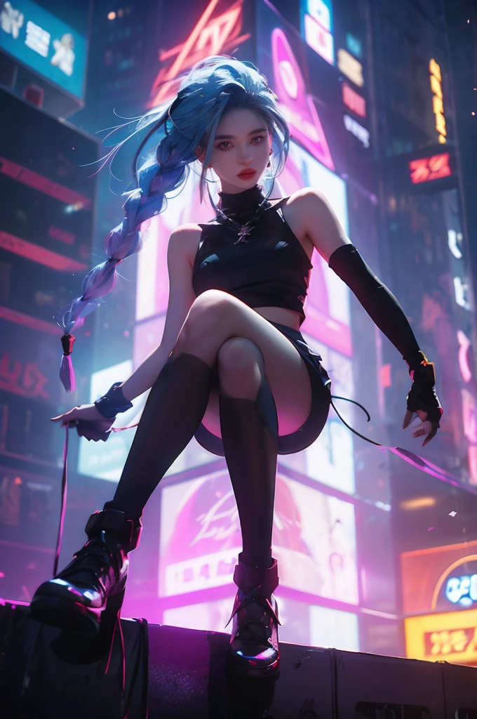 (8k, masterpiece:1.2), Night view of lakeside promenade, neon night lights, a beautiful woman, wearing (retroreflective) loose blouse and loose skirt, detailed cloth folds, weird future fashion <lora:weird future fashion_v4:1>, wiry hair ribbons, extremely luminous hair, detailed face, model photoshoot style, very long hair, side shaved hairstyle, intricate, elegant, hdr, backlighting, rim lighting, realism, ambient occlusion, (hyperrealism), sitting, looking up, leaning back, detailed toned body, smirking, best quality, (best quality:1.0), close up